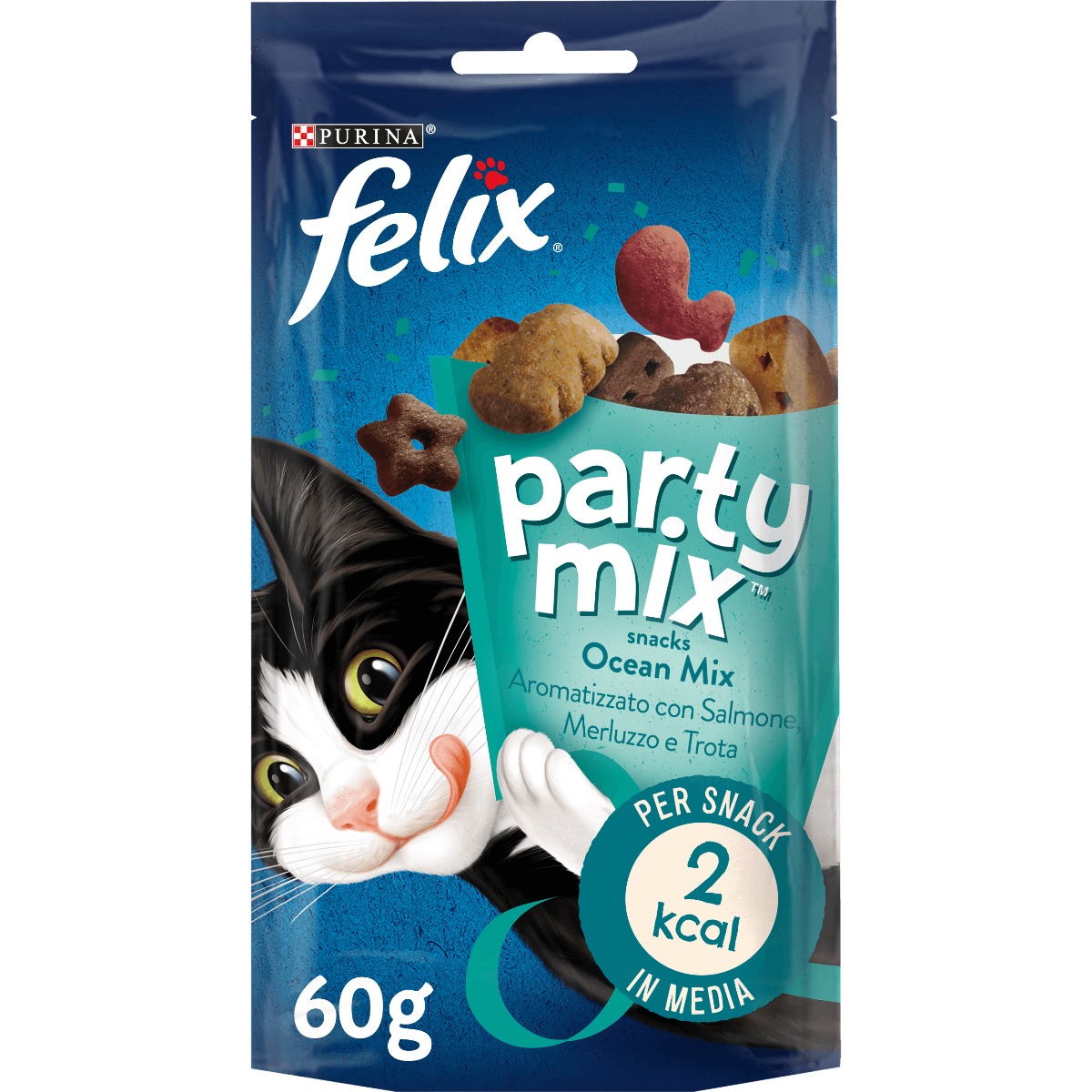 Party Mix Gatto Snack Ocean Mix Aromatizzato con Salmone, Merluzzo e Trota