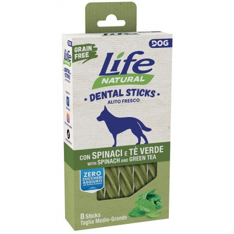 Life Natural Dental Sticks Grain Free per Cani Medio-Grandi con Spinaci e Tè Verde da 8pzx150 gr